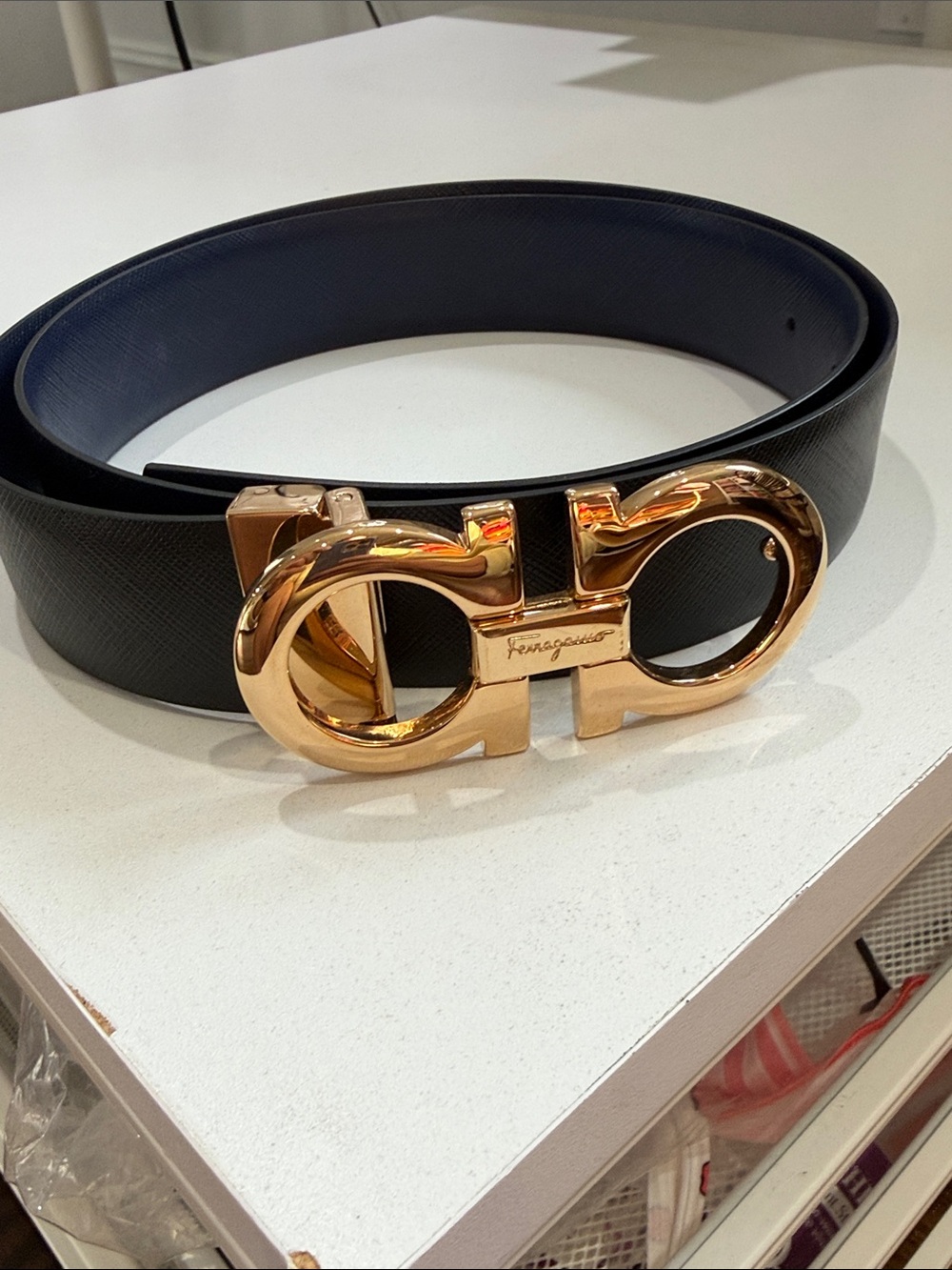 Salvatore Ferragamo Reversable Black Navy Leather Belt Gold Gancini Buckle 36